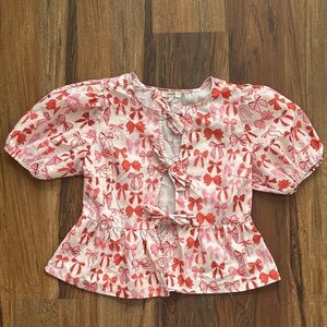 Peach Bow Print Tie-Up Blouse Size Small